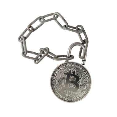 Beyaz arka planda izole edilmiş gümüş bitcoin para kilidi olan eski metalik zincir. Blockchain konsepti. Elektronik sanal para ve madencilik kriptosu sembolü.
