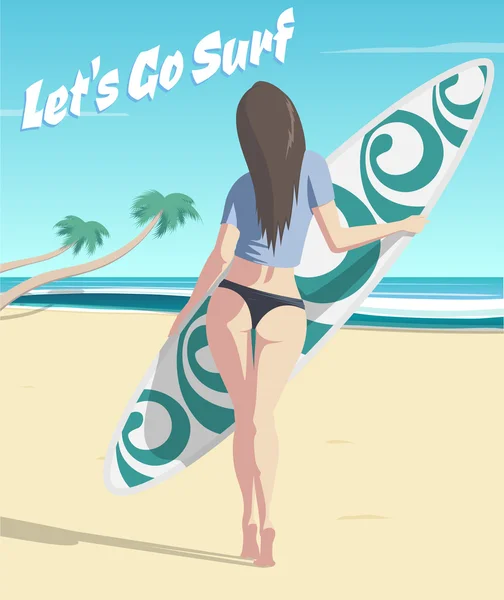 Chica con tabla de surf en la playa — Archivo Imágenes Vectoriales