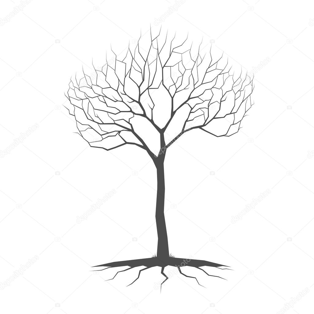 Silhouette of a tree without leaves and with roots on white background, vector illustration