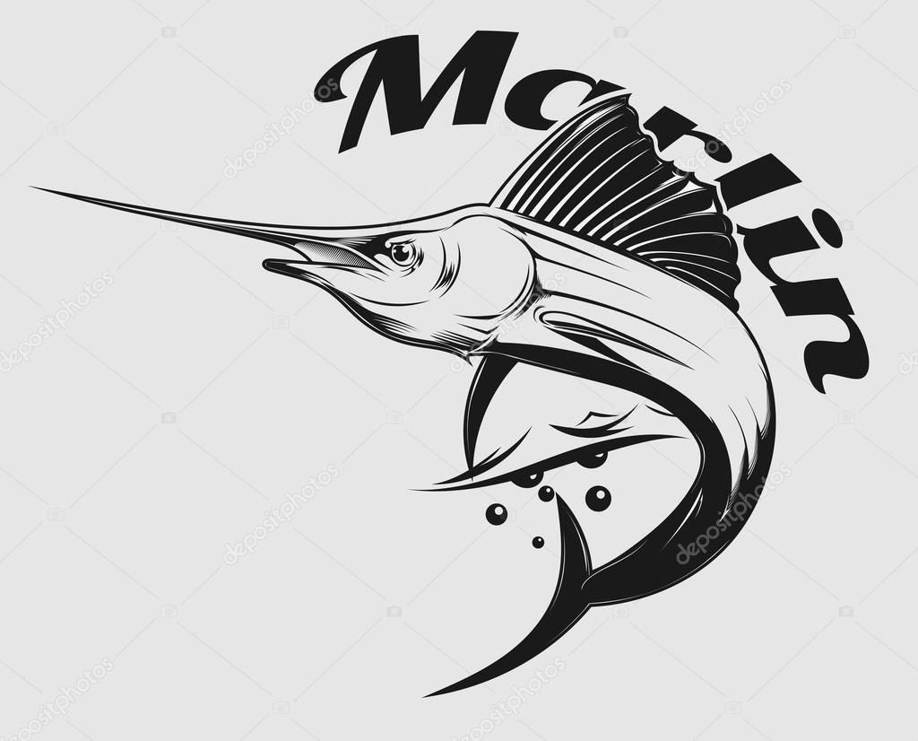 Vector logo sea fishing with jumping Marlin or swordfish
