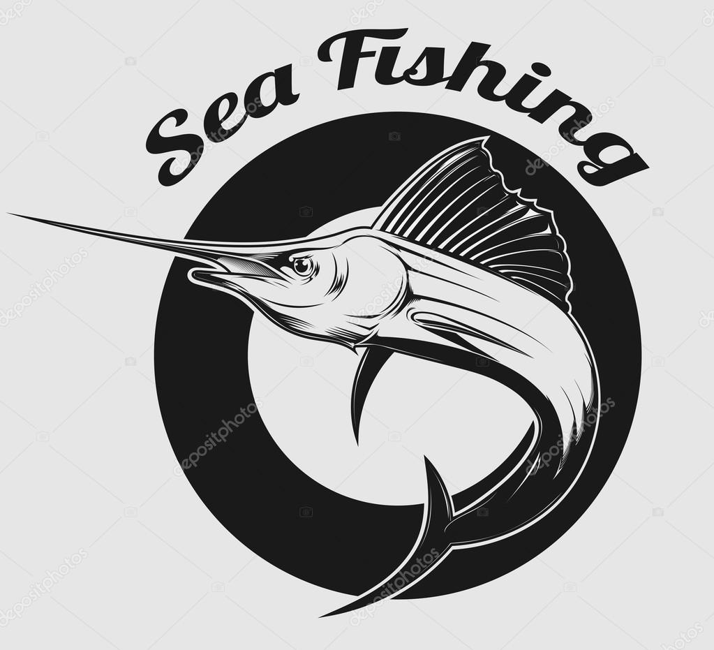Vector emblem of sea fishing and swordfish or Marlin on it
