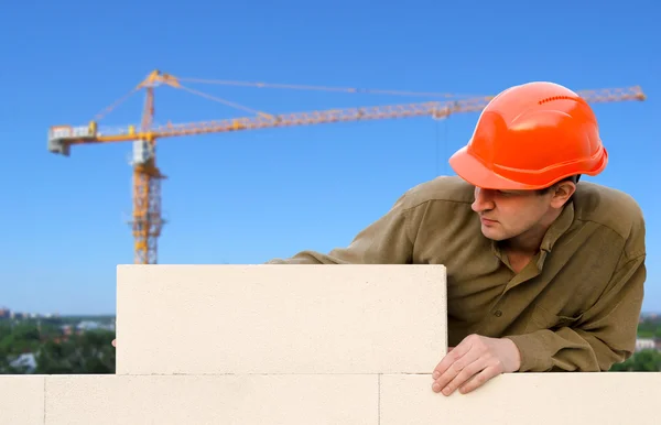 Arbeiter baut eine Mauer — Stockfoto