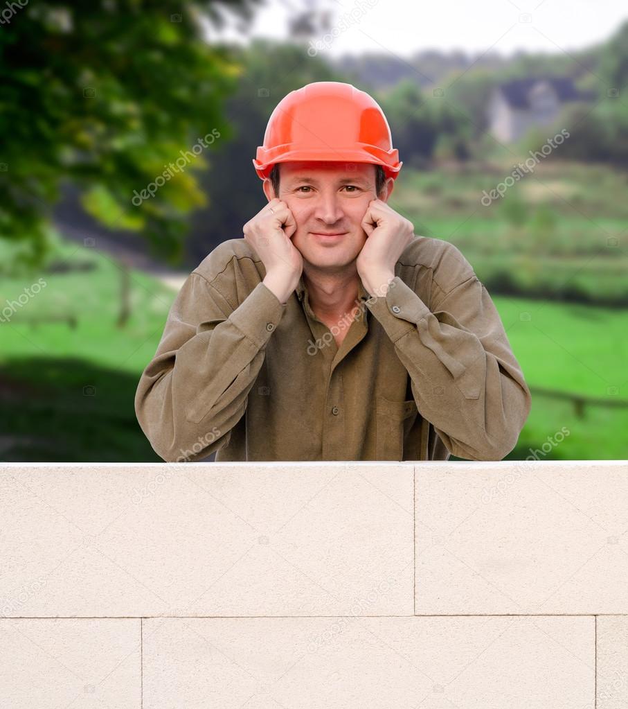 Builder with hard hat