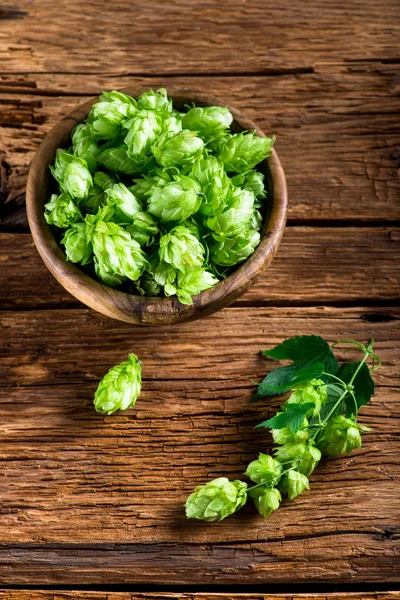 Bowl of hop and hop twig on brown wooden table — Stock Photo, Image