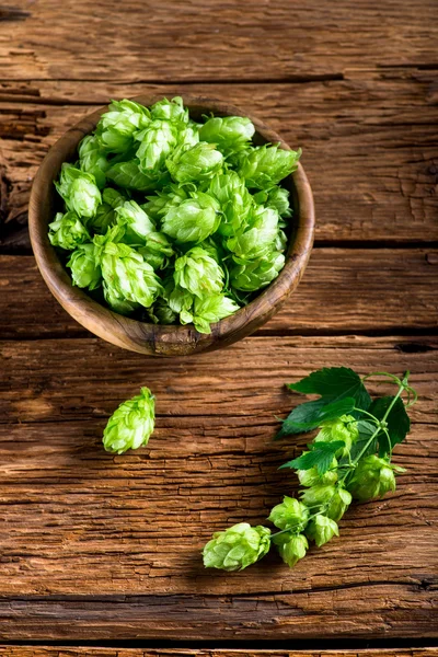 Kom voor hop en hop takje op bruin houten tafel — Stockfoto