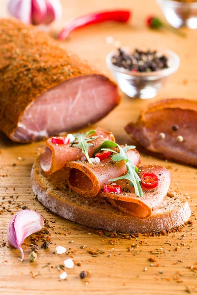 Sandwich with dried pork meat closeup — Stock Photo, Image
