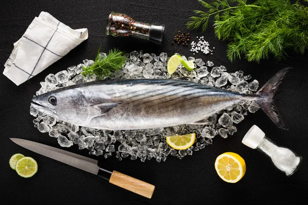 Tonno pesce e ingredienti su ghiaccio su un tavolo di pietra nera vista dall'alto — Foto Stock
