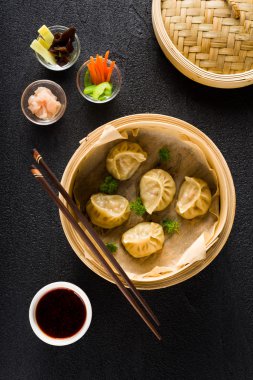 Vapur ve malzemeler dim sum köfte görünümü top