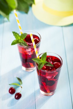 bardak vişne suyu mavi ahşap tablo