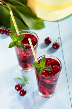 bardak vişne suyu mavi ahşap tablo