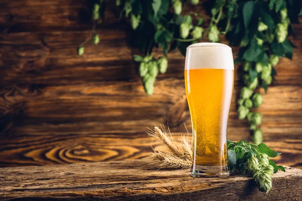 Copo de cerveja na mesa de madeira velha e fundo de madeira — Fotografia de Stock