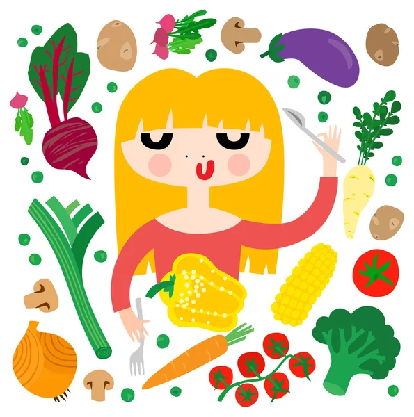 Bella ragazza mangiare verdure — Vettoriale Stock