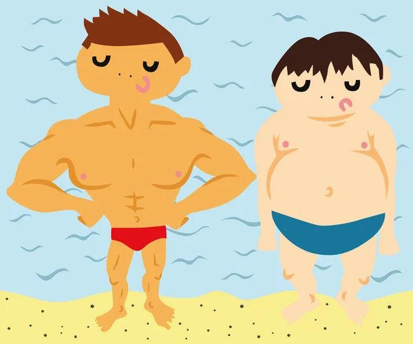 Ajuste y chicos gordos en la playa — Vector de stock