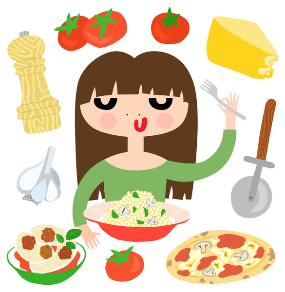 Hübsches Mädchen isst italienisches Essen — Stockvektor