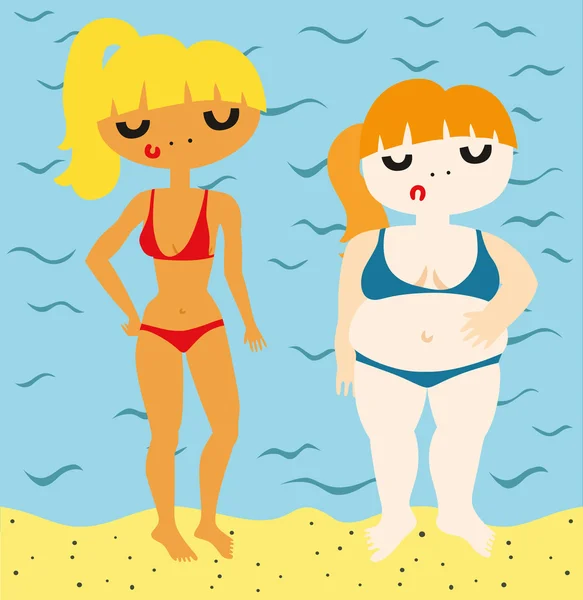 Fit e meninas gordas na praia —  Vetores de Stock