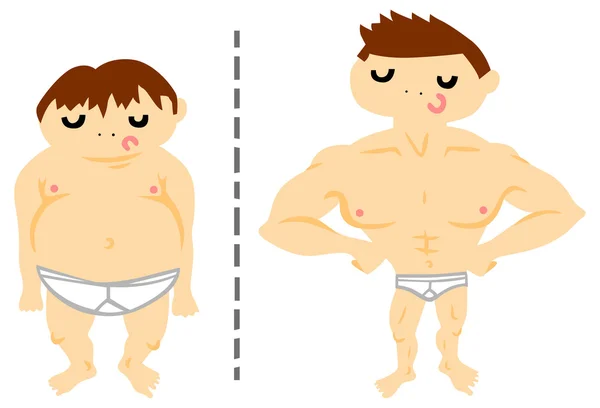 Transformación de la grasa al hombre muscular — Vector de stock