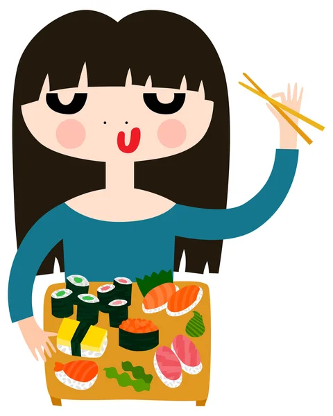 Chica bonita comiendo sushi Ilustración De Stock