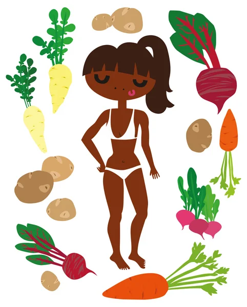Fit Mujer con Verduras Saludables Ilustración De Stock