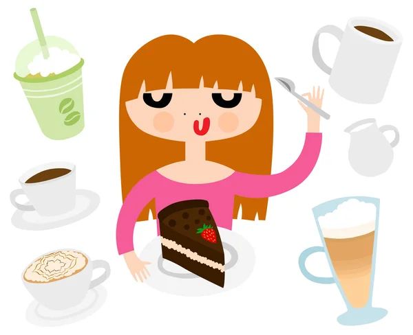 Mädchen isst Kuchen und trinkt Kaffee Stockvektor