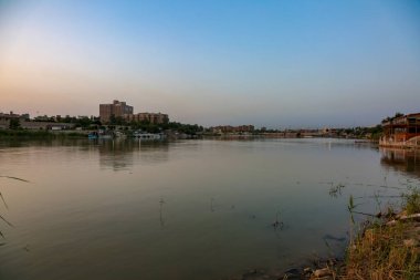 Irak 'taki Bağdat' taki Dicle Nehri için fotoğraf, ve plastik şişeler ve diğerleri gibi kalıntılar ve ayakta duran bir kuş tarafından su kirliliği. 