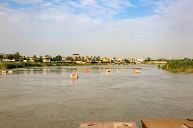 Irak 'taki Bağdat' taki Dicle Nehri için fotoğraf, ve plastik şişeler ve diğerleri gibi kalıntılar ve ayakta duran bir kuş tarafından su kirliliği. 