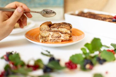 Süsleme şeklinde böğürtlenli tiramisu, beyaz arka planda, yumuşak odaklı ve güçlü bulanık.