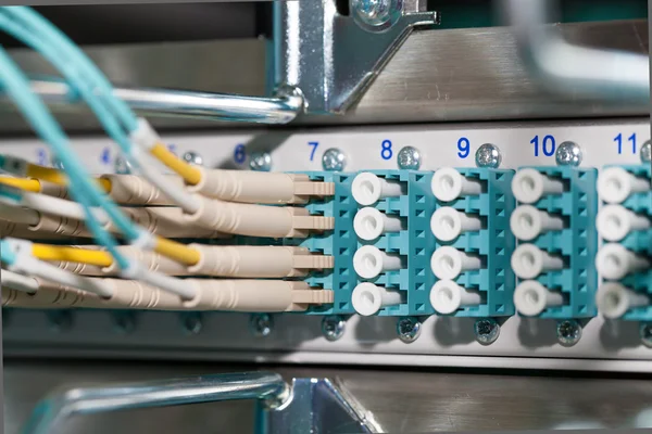 Fiber optic connection in a datacenter for cloud services — Stock Photo, Image