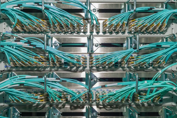 Gran distribuidor de fibra óptica en un centro de datos con cables —  Fotos de Stock