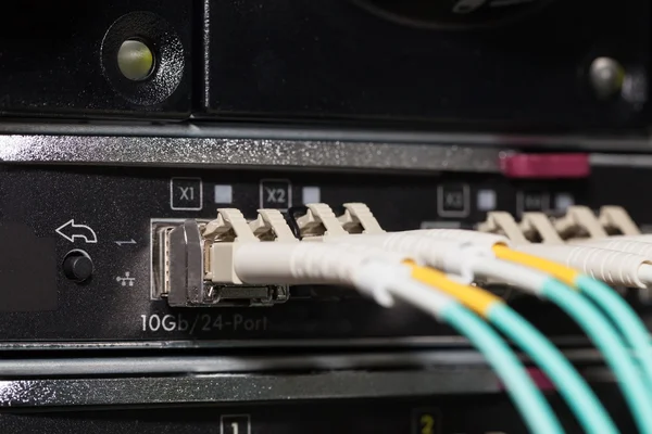 데이터 센터 서버에 10 Gbit 파이버 광섬유 연결 — 스톡 사진