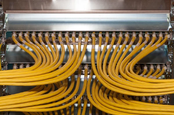 Gran distribuidor de red en un centro de datos con cables de red conectados —  Fotos de Stock
