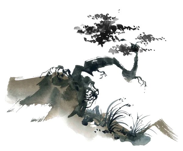 Китайский пейзаж с деревом — стоковое фото