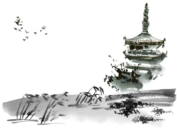 Chinese landscape with pagoda — Stok Foto