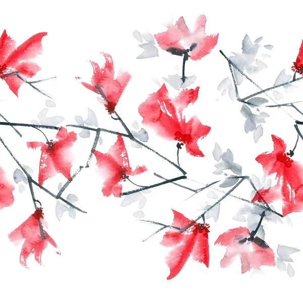 Blossom Tree Branch Red Flowers Grey Leaves Watercolor Ink Painting — Stock Photo, Image