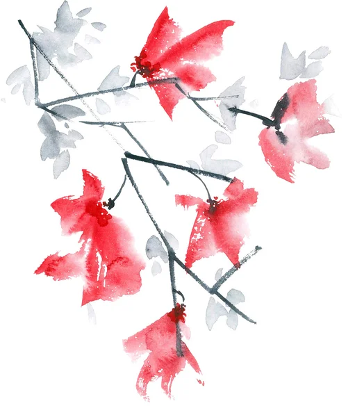 Blütenzweig Mit Roten Blüten Und Grauen Blättern Aquarell Und Tuschemalerei — Stockfoto