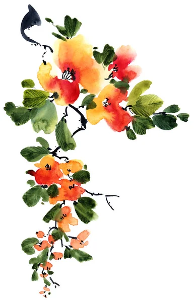 Aquarelle Illustration Encre Arbre Fleurs Bourgeons Feuilles Peinture Traditionnelle Orientale — Photo