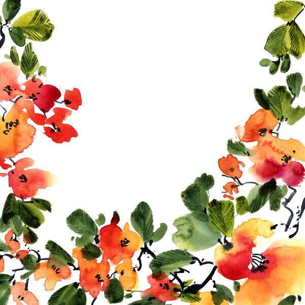 Watercolor and ink illustration of blossom tree with flowers, buds and leaves. Oriental traditional painting in style sumi-e, u-sin and gohua.