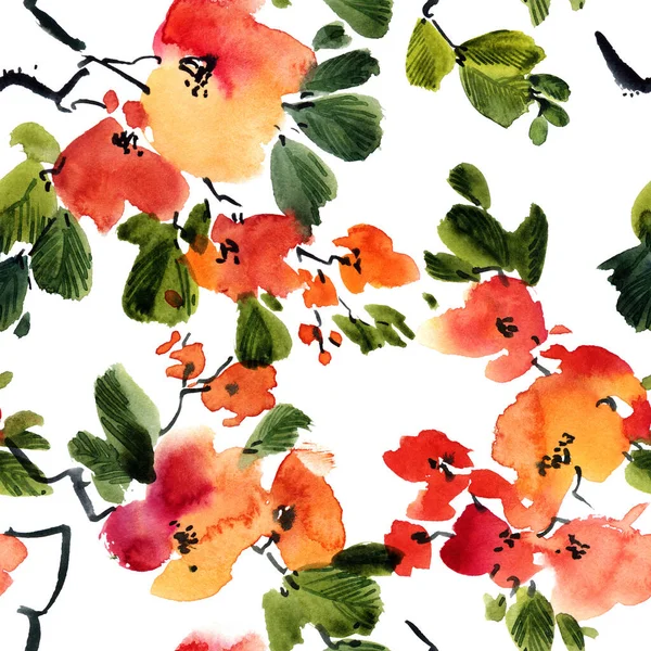 Aquarel Inkt Illustratie Van Bloesem Boom Met Bloemen Knoppen Bladeren — Stockfoto