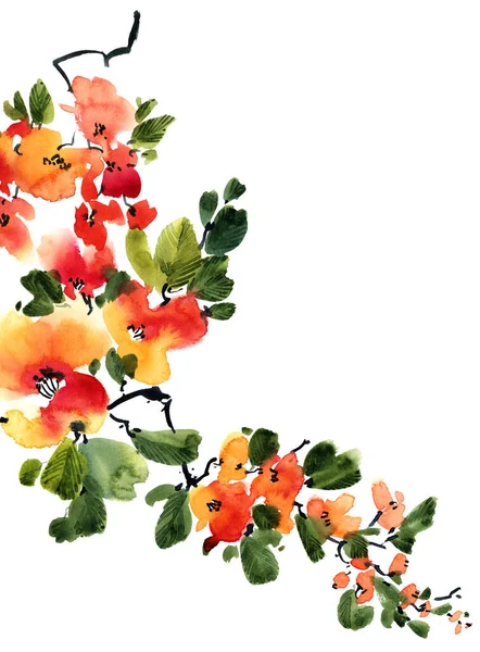 Akvarell Och Bläck Illustration Blommande Träd Med Blommor Knoppar Och — Stockfoto