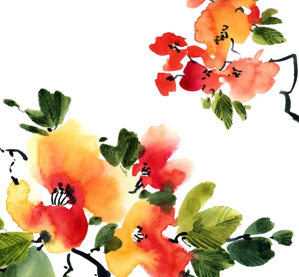 Aquarela Tinta Ilustração Árvore Flor Com Flores Botões Folhas Pintura — Fotografia de Stock