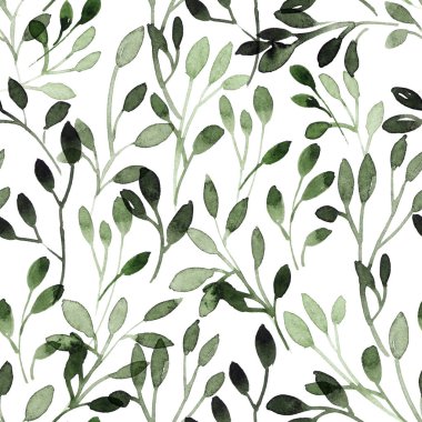 Ağaç yapraklarının suluboya ve mürekkep çizimi, sumi-e, u-sin tarzında. Geleneksel doğu resmi. Kusursuz desen.