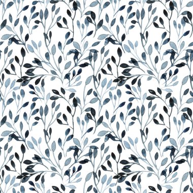 Ağaç yapraklarının suluboya ve mürekkep çizimi, sumi-e, u-sin tarzında. Geleneksel doğu resmi. Kusursuz desen.