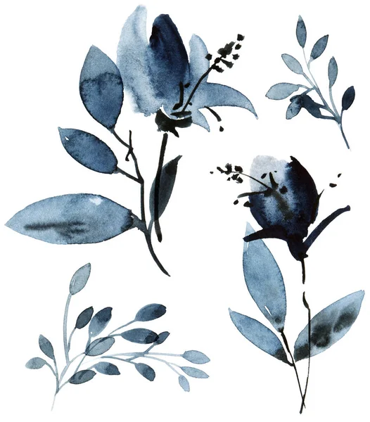Aquarell Und Tusche Illustration Der Blume Mit Blättern Blauer Farbe — Stockfoto