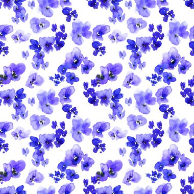 Mavi çiçekli ve tomurcuklu suluboya ve mürekkep çizimi. Geleneksel oryantal resim tarzı sumi-e, u-sin ve gohua. Kusursuz desen.