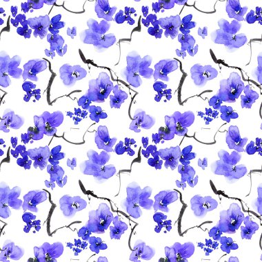 Mavi çiçekli ve tomurcuklu suluboya ve mürekkep çizimi. Geleneksel oryantal resim tarzı sumi-e, u-sin ve gohua. Kusursuz desen.