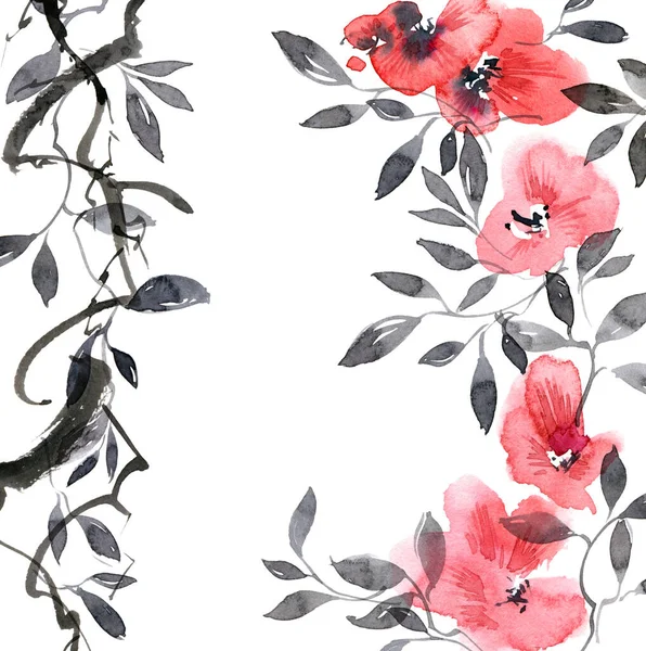 水彩画 水墨画 花蕾齐放的樱花树 高华等东方传统绘画风格 — 图库照片