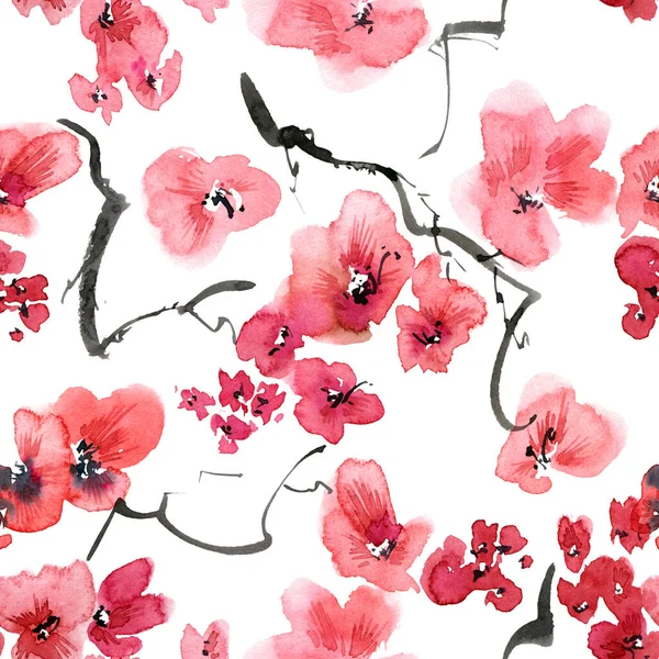 Acquerello Inchiostro Illustrazione Albero Sakura Fiore Con Fiori Boccioli Pittura — Foto Stock