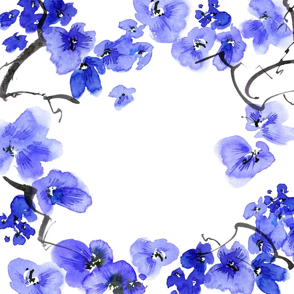 Акварель Чернила Иллюстрация Цветущего Дерева Голубыми Цветами Бутонами Восточная Традиционная — стоковое фото