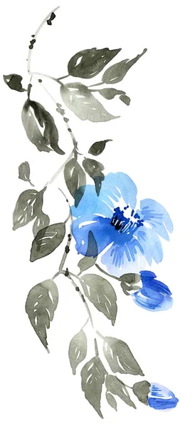 Mavi Çiçekli Yapraklı Suluboya Mürekkep Çizimi Geleneksel Oryantal Resim Tarzı — Stok fotoğraf