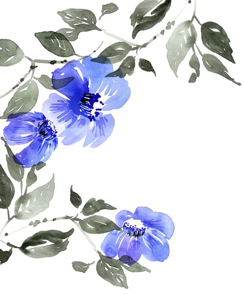 Mavi Çiçekli Yapraklı Suluboya Mürekkep Çizimi Geleneksel Oryantal Resim Tarzı — Stok fotoğraf