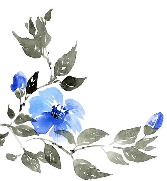 Aquarell Und Tusche Illustration Eines Blütenbaumes Mit Blauen Blüten Und — Stockfoto